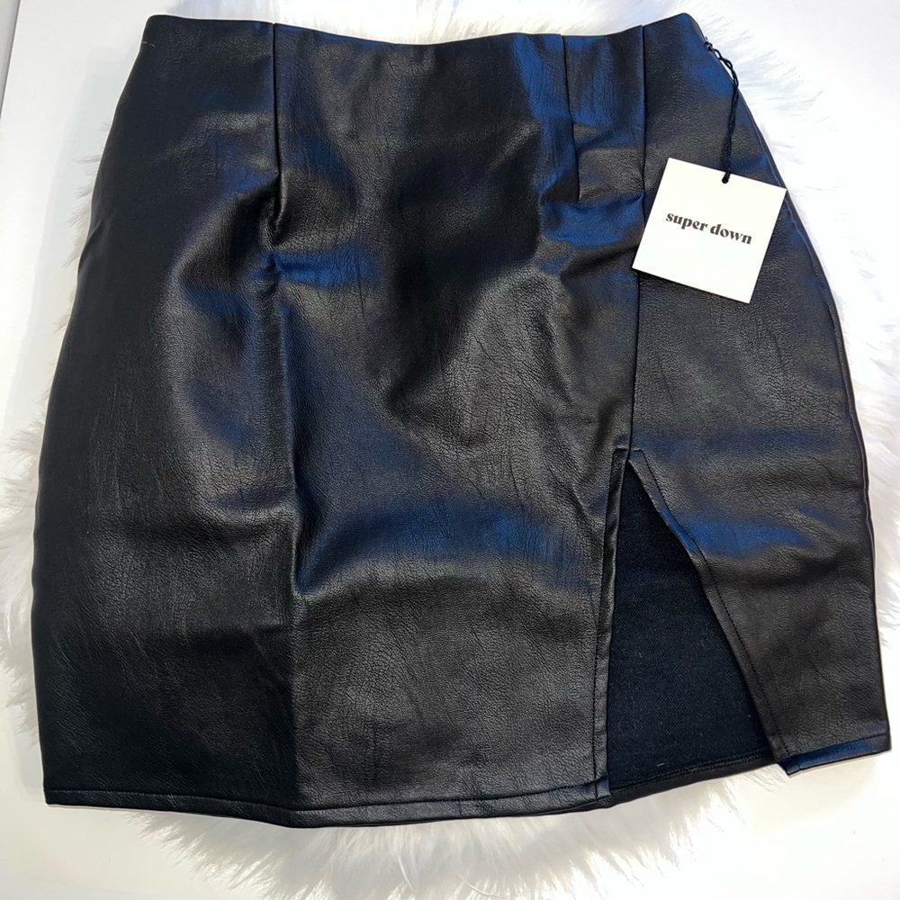 Superdown Black Faux Leather Skirt with Slit